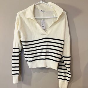 Ardene Cream and Black Striped V-Neck Sweater